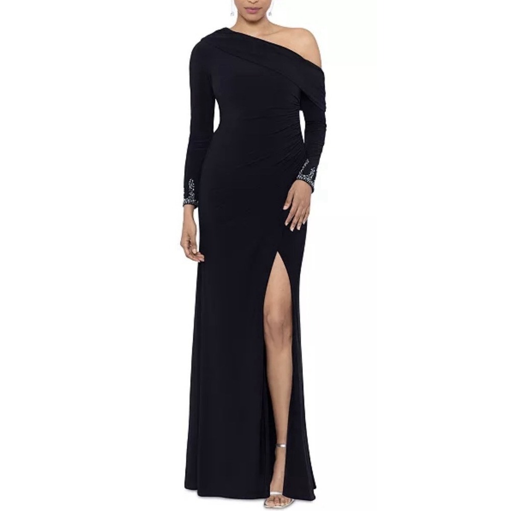 Betsy and Adam Off-One-Shoulder Beaded-Cuff Gown Black Size 20W
